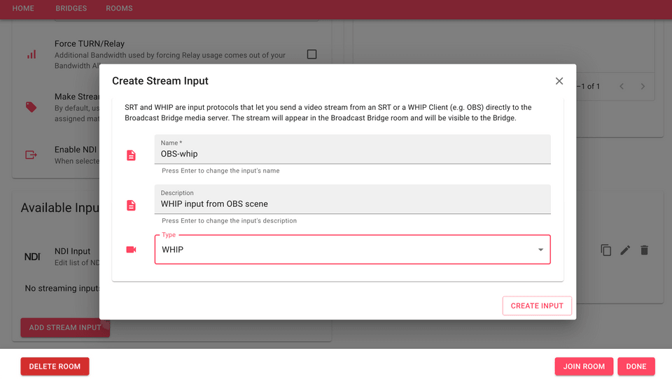 Broadcast Bridge Room settings: creating a new stream input.